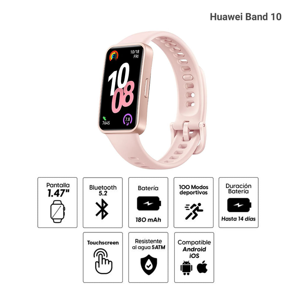 Imagen 2 del producto Smartband Huawei Band 10 pantalla 1.47""/ AMOLED, resistente al agua 5ATM, batería hasta 14 días, rosado