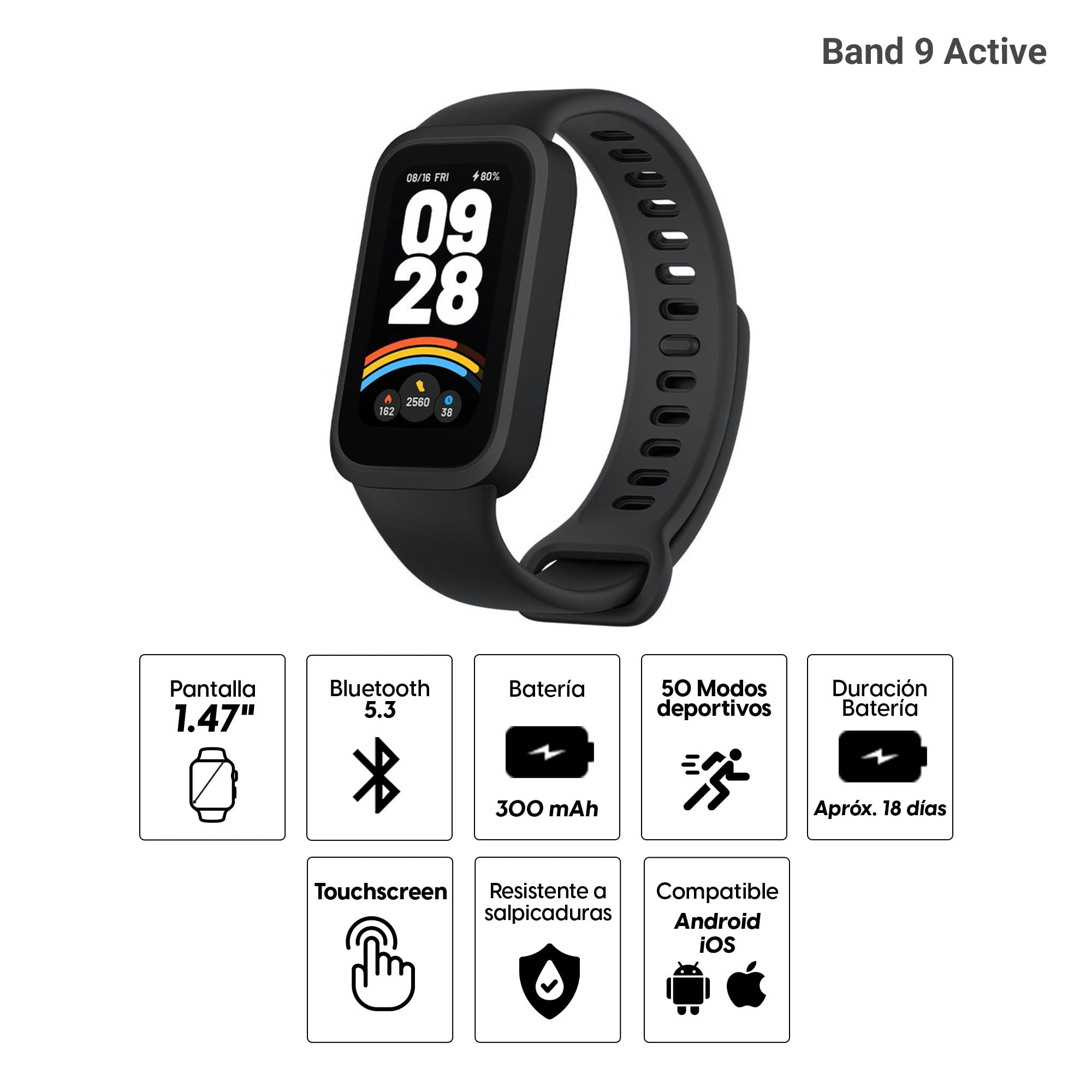 Imagen 2 del producto Smartband Xiaomi Band 9 Active pantalla 1.47""/ AMOLED, resistente al agua 5ATM, 50 modos deportivos, negro