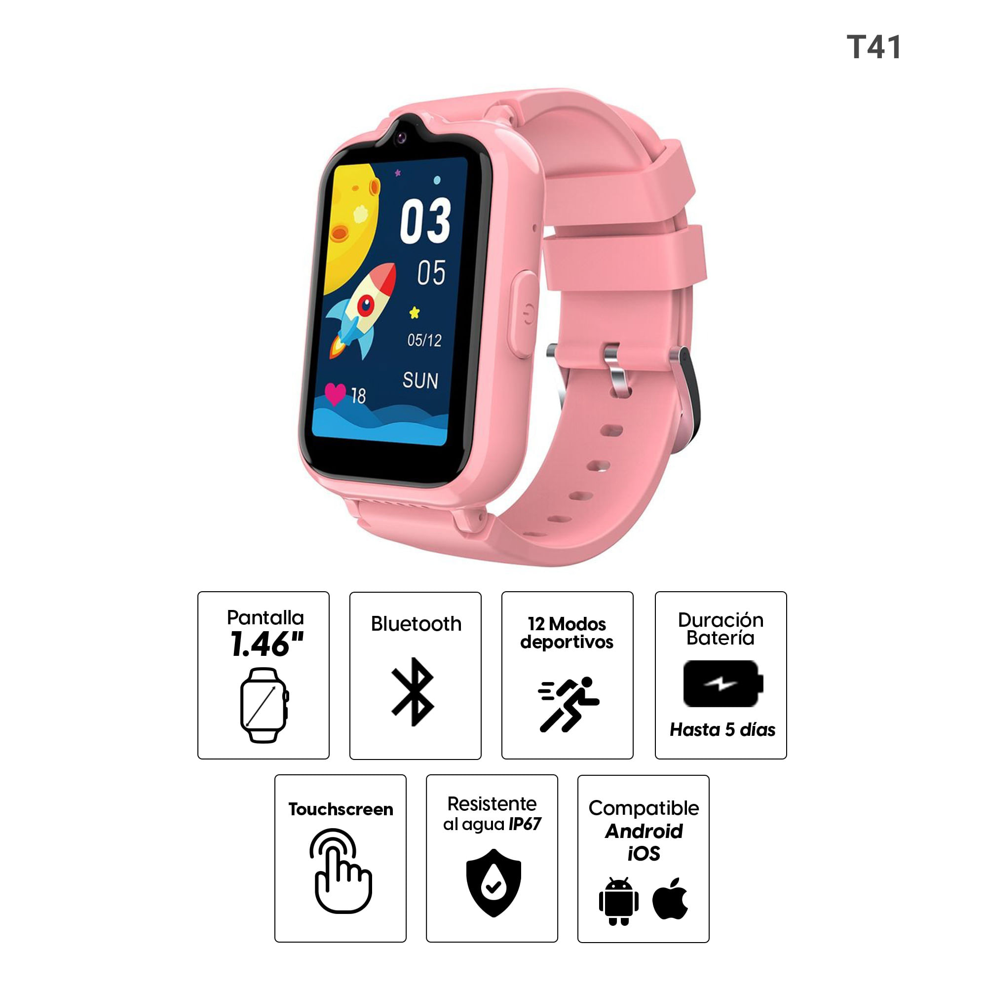 Imagen 2 del producto Smartwatch Roadtrip T41 1.57"", resistente al agua IP65, modos de deporte, batería hasta 5 días, rosado