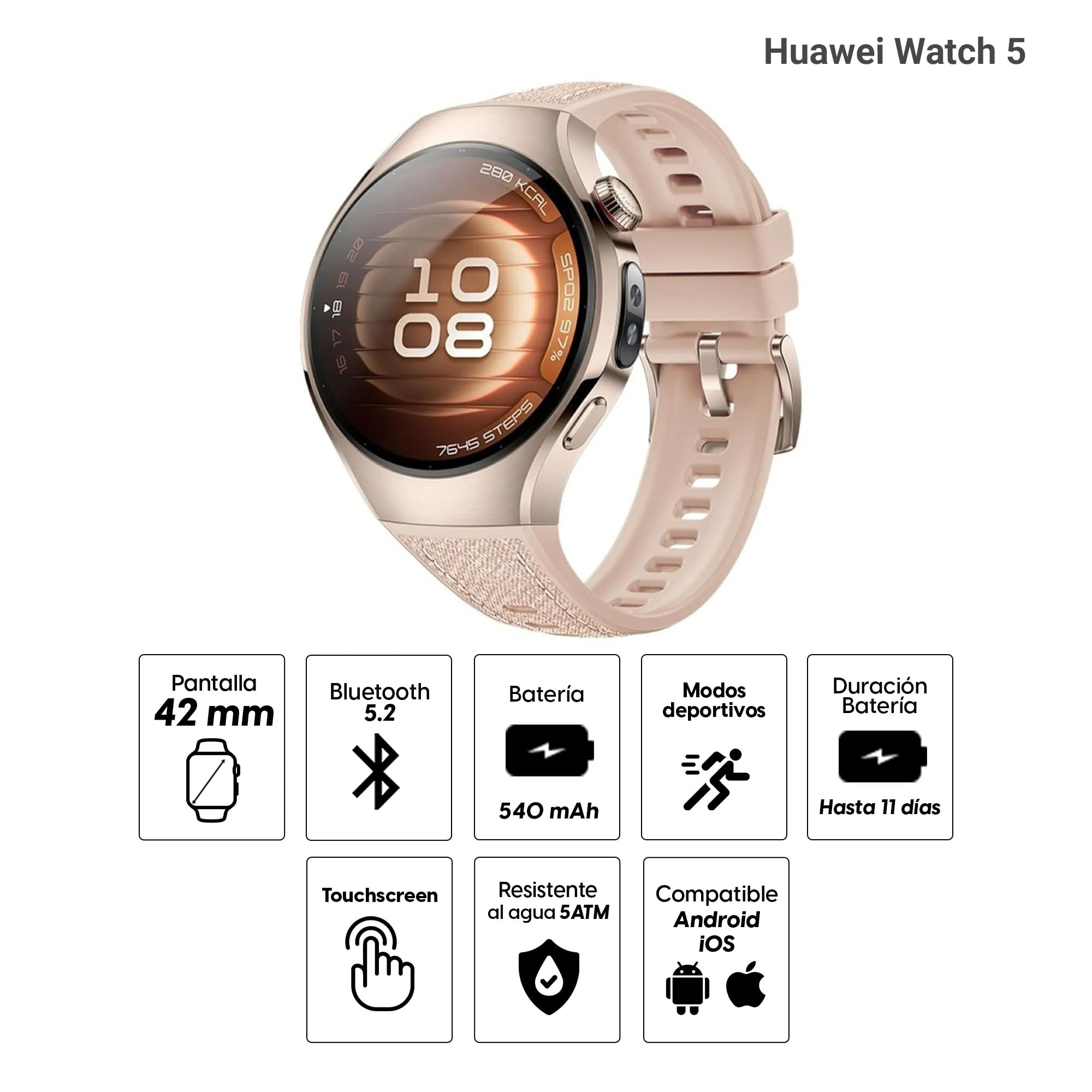 Imagen 2 del producto Smartwatch Huawei Watch 5 pantalla 42 mm/ AMOLED 1.38"", Esim, GPS, X-tap, resistencia IP69 5 ATM, GPS dual, batería 11 días, beige