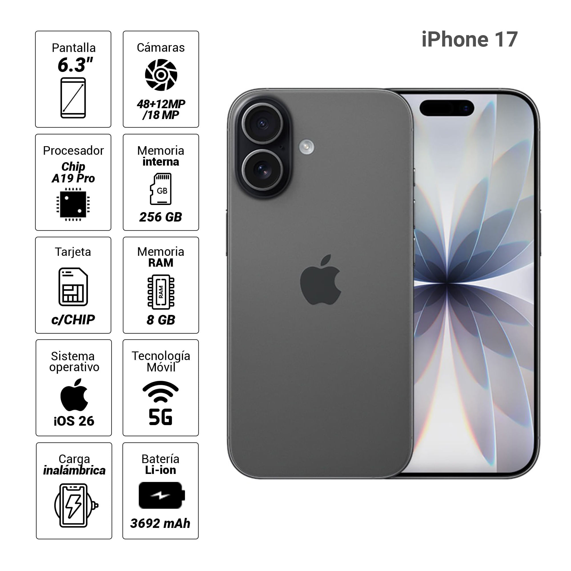 Imagen 2 del producto iPhone 17 5G 256GB, 8GB RAM, cámara trasera 48MP y frontal 18MP, 6.3"", negro