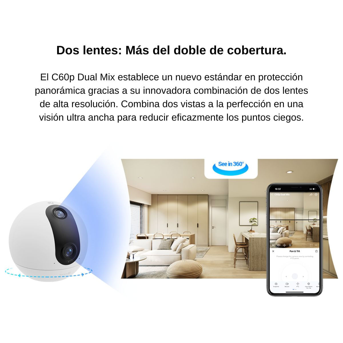 Imagen 2 del producto Cámara de seguridad Ezviz C60p Dual Mix 2K, 360°, Wi-Fi, IA, visión nocturna, audio bidireccional, blanco
