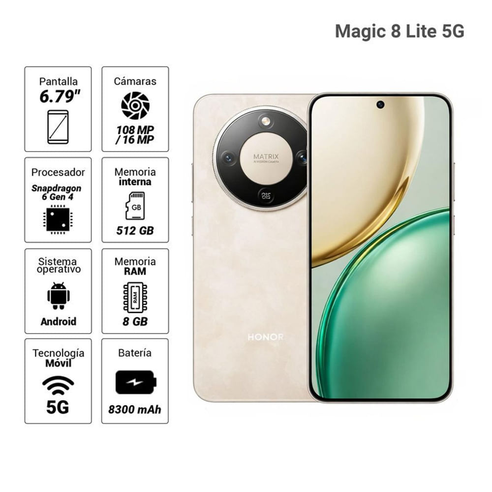 Imagen 2 del producto Celular Honor Magic 8 Lite 5G 512GB, 8GB RAM, cámara trasera 108MP y frontal 16MP, 6.79"", oro amanecer