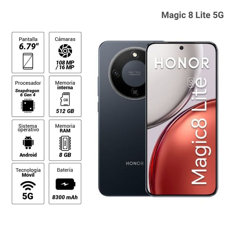 Imagen 2 del producto Celular Honor Magic 8 Lite 5G 512GB, 8GB RAM, cámara trasera 108MP y frontal 16MP, 6.79"", negro medianoche