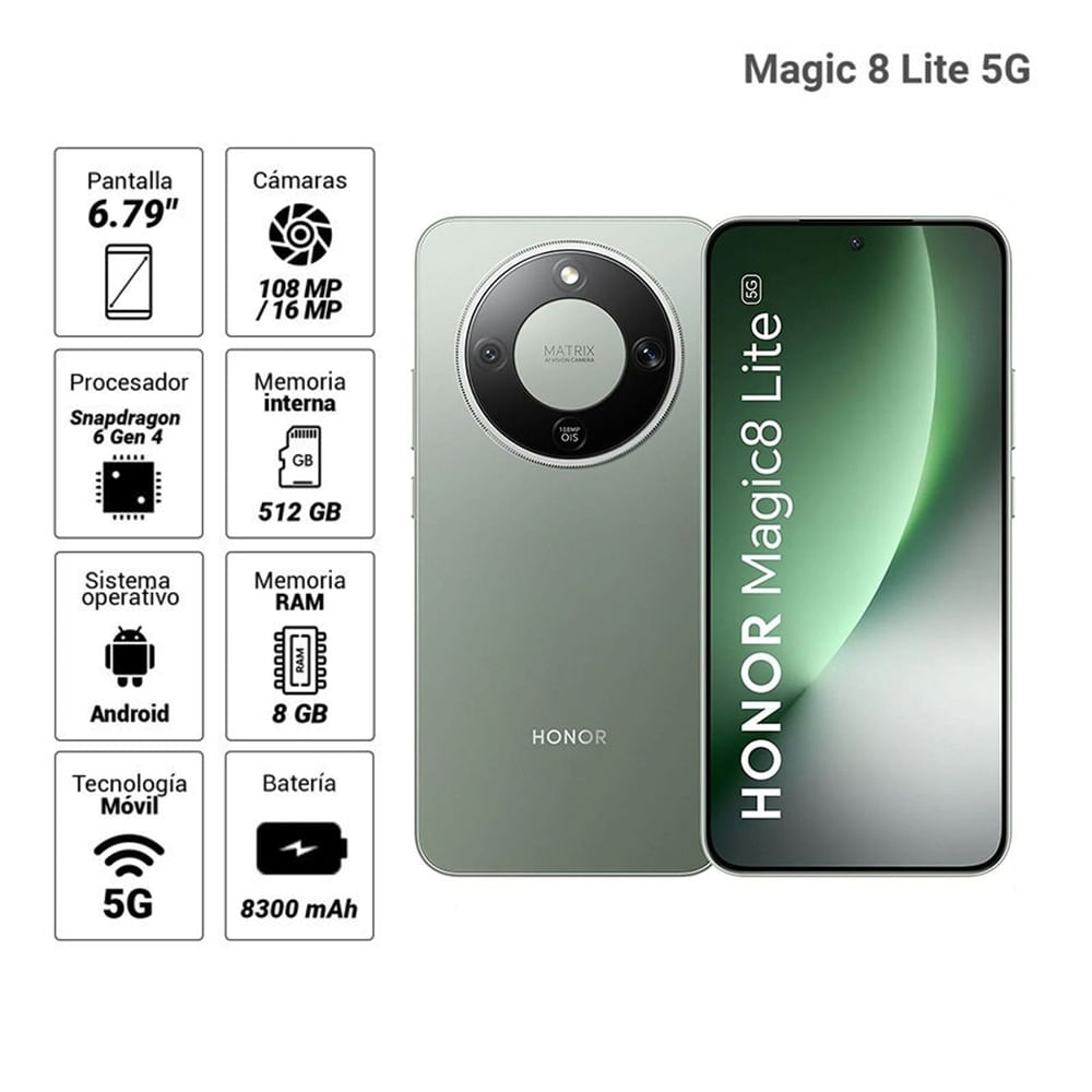 Imagen 2 del producto Celular Honor Magic 8 Lite 5G 512GB, 8GB RAM, cámara trasera 108MP y frontal 16MP, 6.79"", verde bosque