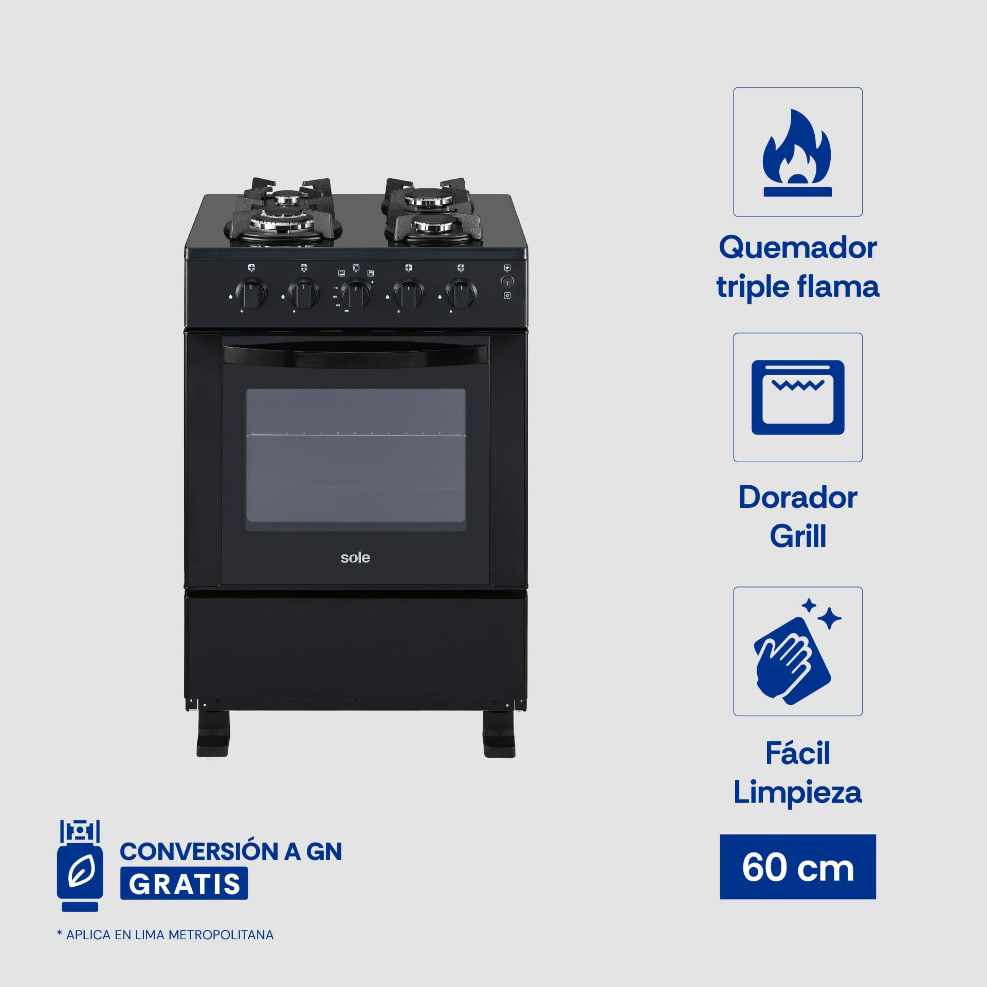 Imagen 2 del producto Cocina de pie Sole Glissa 4 hornillas, GLP/GN, horno 72 litros, parrillas hierro fundido, negro
