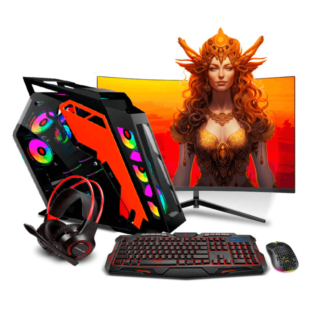 PC armada: Intel Core i7 14700F, 1TB SSD, 32GB RAM, case K-PLUS Orange, FreeDos - sin sistema operativo, monitor 24" curvo + teclado
