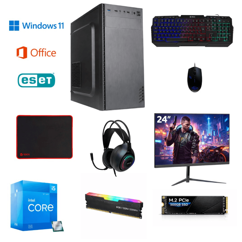 PC armada: Intel Core i3 12100, 500GB SSD, 8GB RAM, case de torre, Windows 11 Home + Office 2024 + Antivirus, monitor 24", teclado