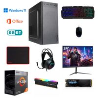 PC armada: AMD Ryzen 3 3200G, 500GB SSD, 8GB RAM, case de torre, Windows 11 Home + Office 2024 + Antivirus, monitor 24"", teclado