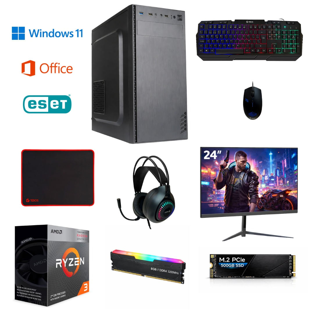 PC armada: AMD Ryzen 3 3200G, 500GB SSD, 8GB RAM, case de torre, Windows 11 Home + Office 2024 + Antivirus, monitor 24", teclado
