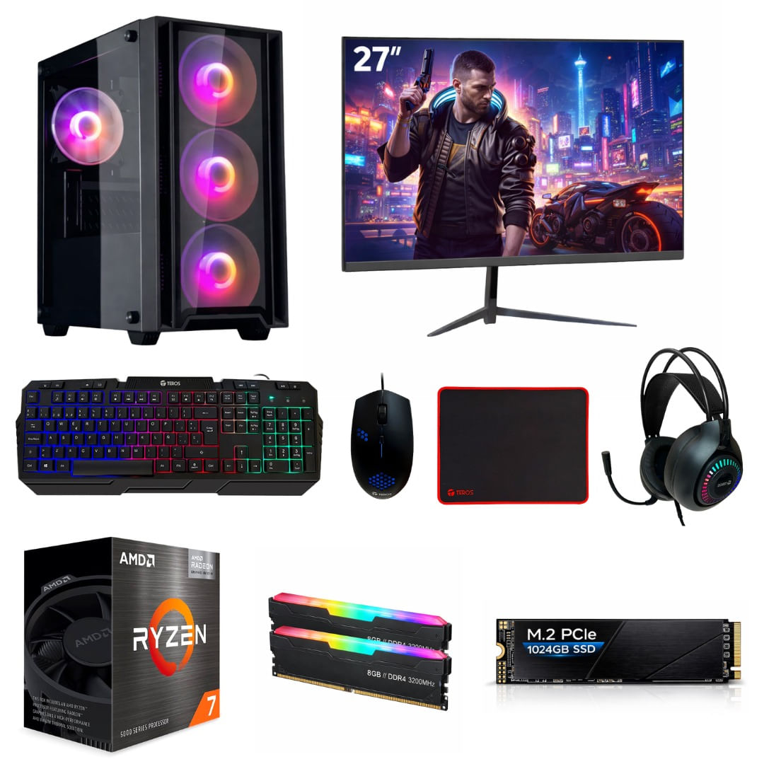 PC armada: AMD Ryzen 7 5700G, 1TB SSD, 16GB RAM, case 500W, Windows 11 Home + Office 2024 + Antivirus, monitor 27", teclado