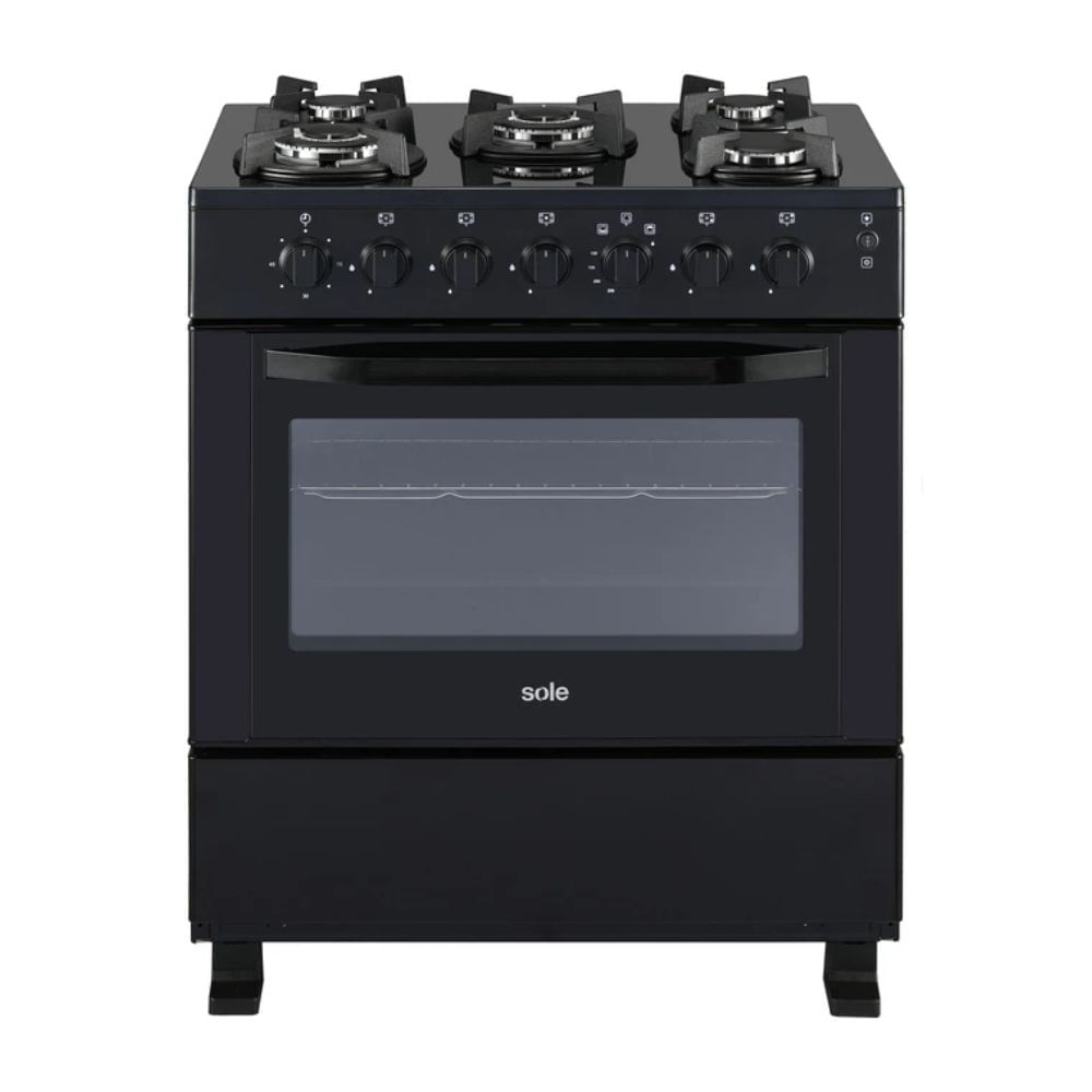 Cocina de pie Sole Glissa 76 cm, 5 hornillas, GLP/GN, horno 98 litros, parrillas de hierro fundido, negro