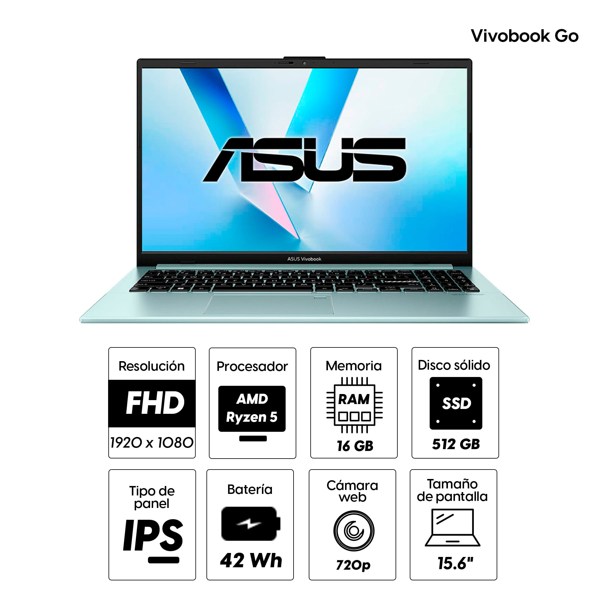 Imagen 2 del producto Laptop Asus Vivobook Go 15.6"" AMD Ryzen 5 7520U, 512GB SSD, 16GB RAM, FreeDos - sin sistema operativo, gris