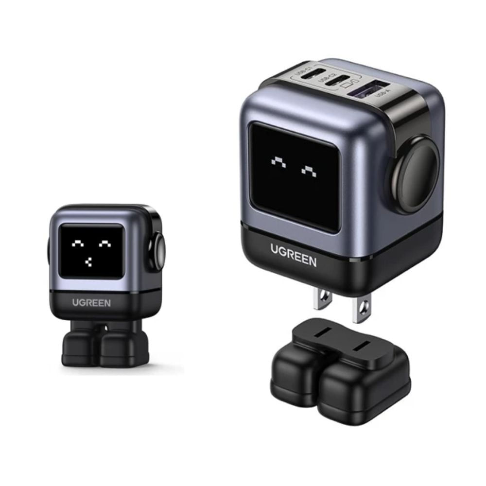 Cargador Ugreen Robot 65W con pantalla LED, 2 USB Tipo-C y 1 USB Tipo-A, carga rápida, multipuerto