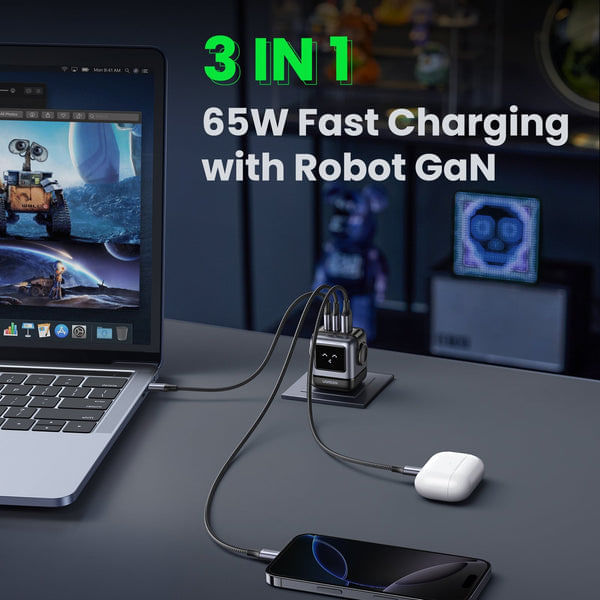 Imagen 2 del producto Cargador Ugreen Robot 65W con pantalla LED, 2 USB Tipo-C y 1 USB Tipo-A, carga rápida, multipuerto