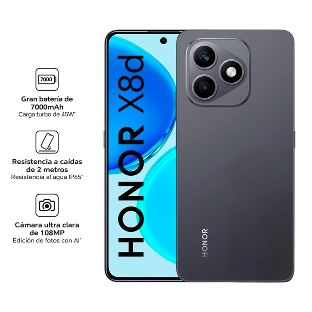Imagen 2 del producto Celular Honor X8D 4G 256GB, 8GB RAM, cámara principal 108MP + 5MP y frontal 16MP, 6.77"", negro velvet