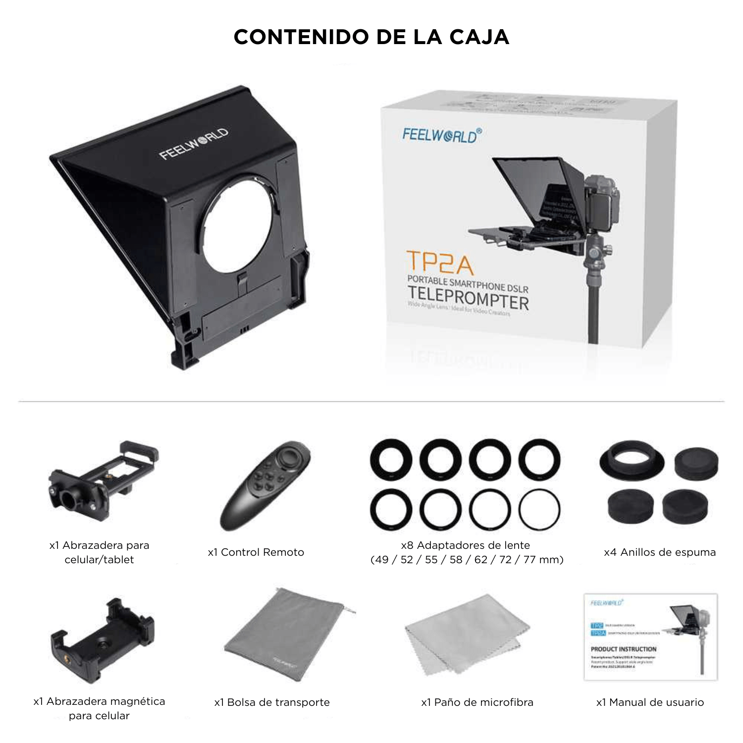 Imagen 2 del producto Teleprompter portátil TP2A para cámaras DSLR y celulares, compatible con tablets hasta 8”, control Bluetooth