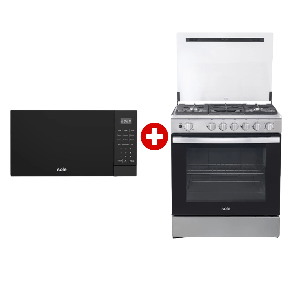 Combo: Cocina de pie Sole 5 hornillas, acero inoxidable, 143 litros + microondas Sole 21 litros, grill multifunción