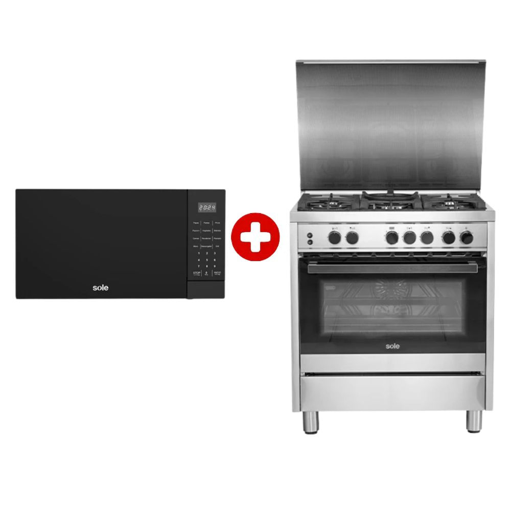 Combo: Cocina de pie Sole Bali, 5 hornillas, acero inoxidable 92 litros + microondas Sole 21 litros, grill multifunción