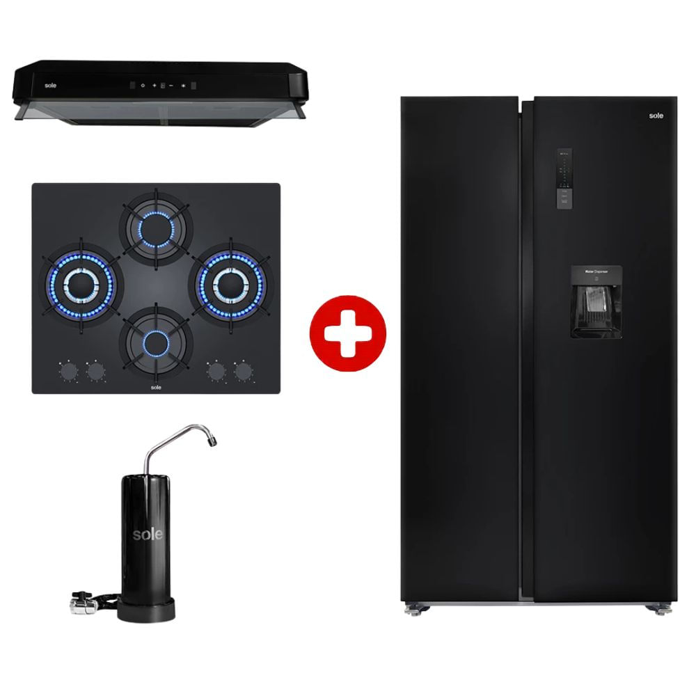 Combo: Refrigeradora 525L No Frost + encimera 4 quemadores + campana digital 440 m³/h + purificador