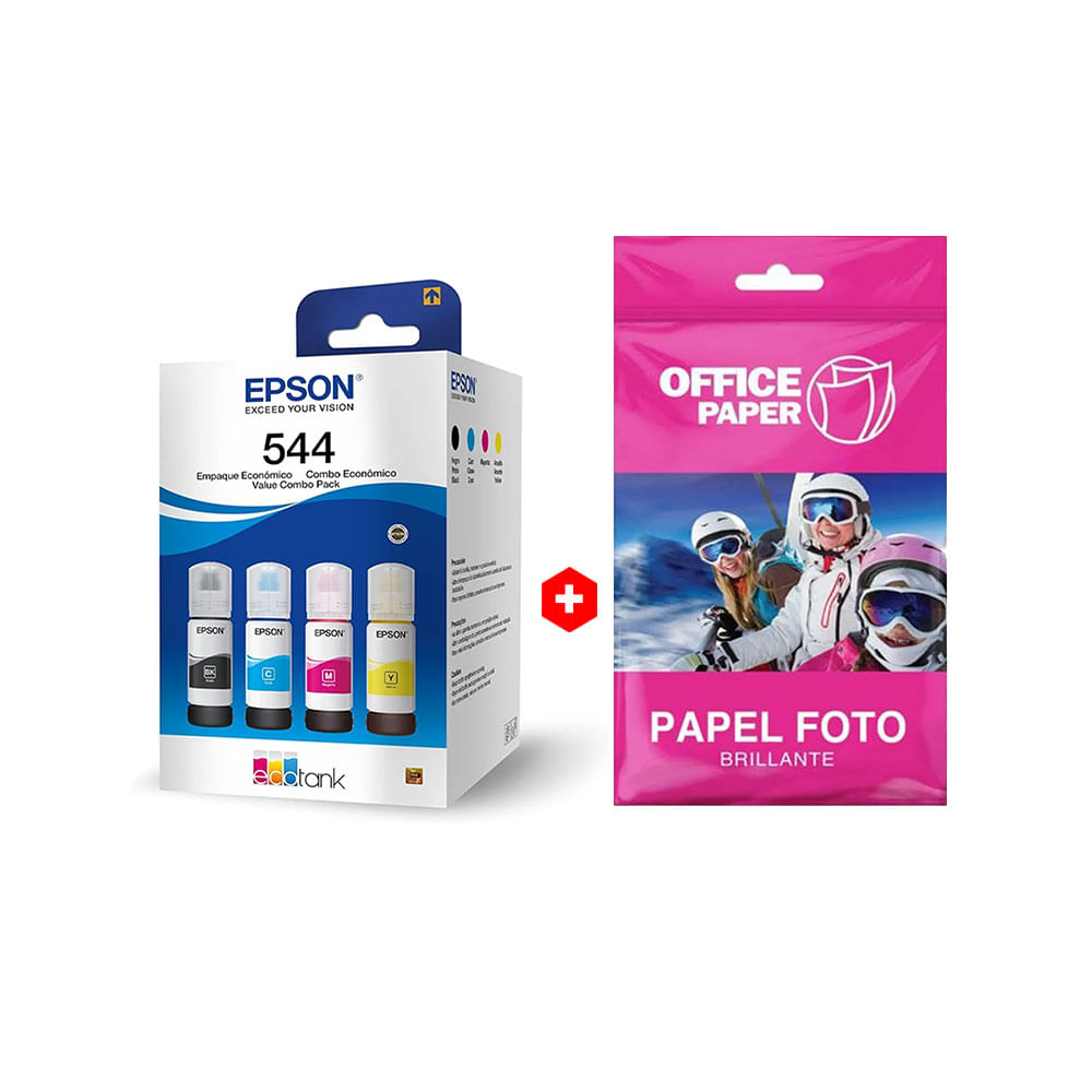 Combo: Pack de 4 botellas de tinta Epson T544 Negro/Cyan/Magenta/Amarillo + Papel fotográfico Office Paper brillante Canvas, A4, 10 hojas, 180g