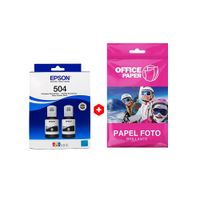 Combo: Pack de 2 botellas de tinta Epson T504 Negro, hasta 15000 páginas + Papel fotográfico Office Paper brillante Canvas, A4, 10 hojas, 180g