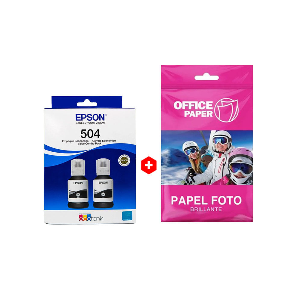 Combo: Pack de 2 botellas de tinta Epson T504 Negro, hasta 15000 páginas + Papel fotográfico Office Paper brillante Canvas, A4, 10 hojas, 180g