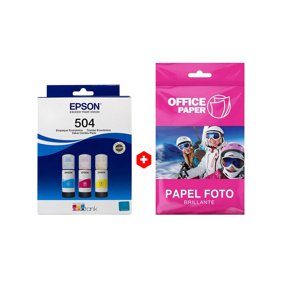 Combo: Pack de 3 botellas de tinta Epson T504 Cmy, hasta 6000 páginas a color + Papel fotográfico Office Paper brillante Canvas, A4, 10 hojas, 180g