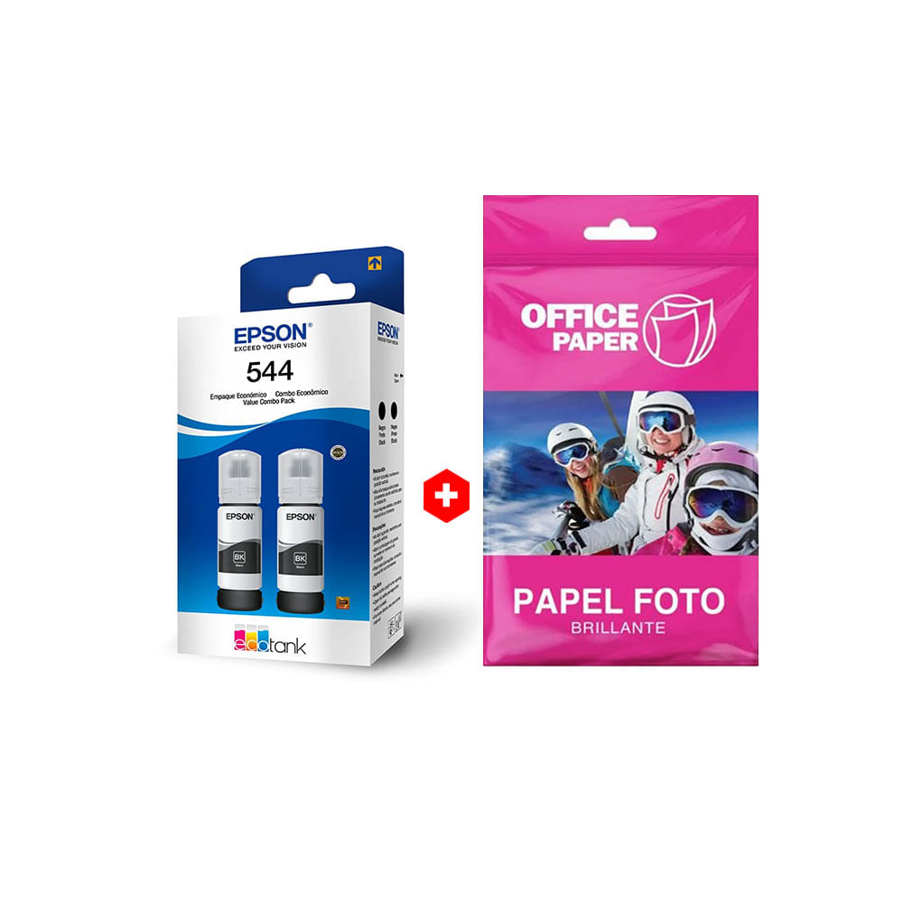 Combo: Pack de 2 botellas de tinta Epson T544 Negro, hasta 9000 páginas + Papel fotográfico Office Paper brillante Canvas, A4, 10 hojas, 180g