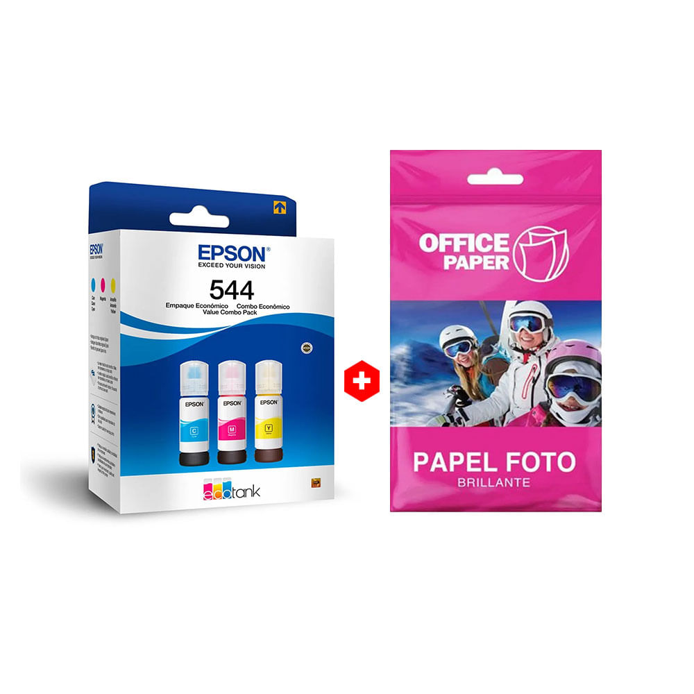 Combo: Pack de 3 botellas de tinta Epson T544 Cmy, hasta 7500 páginas a color + Papel fotográfico Office Paper brillante Canvas, A4, 10 hojas, 180g