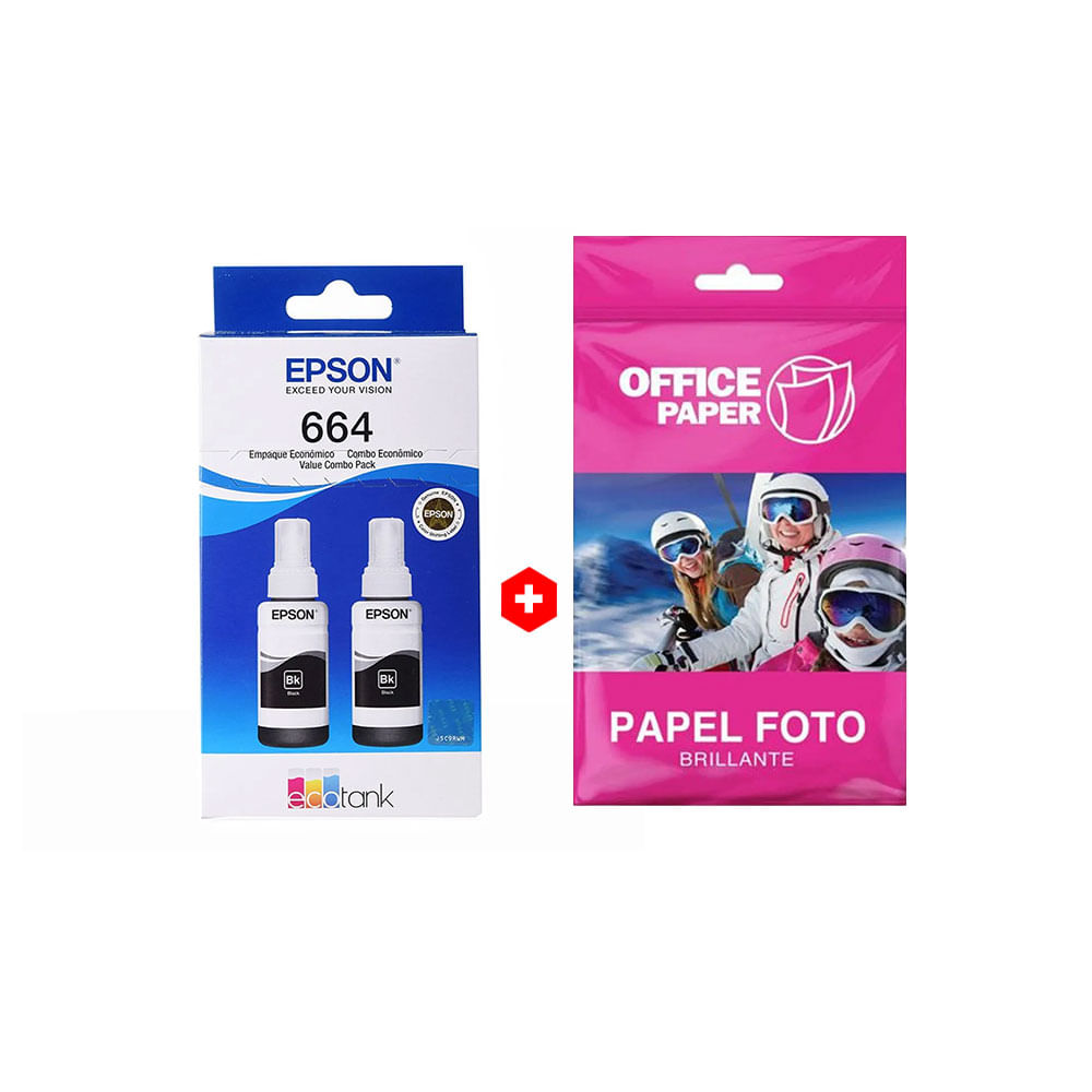Combo: Pack de 2 botellas de tinta Epson T664 Negro, hasta 8000 páginas + Papel fotográfico Office Paper brillante Canvas, A4, 10 hojas, 180g