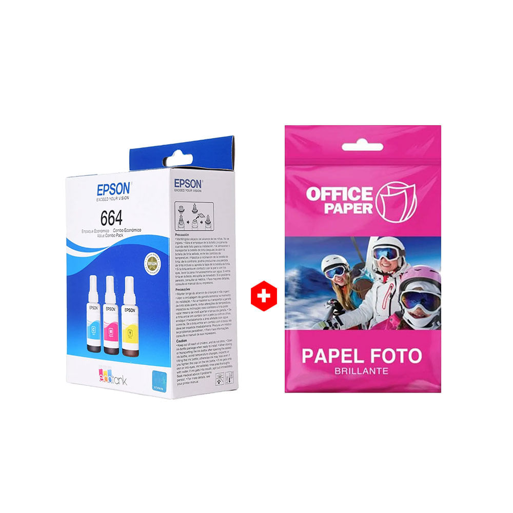 Combo: Pack de 3 botellas de tinta Epson T664 Cmy, hasta 6500 páginas a color + Papel fotográfico Office Paper brillante Canvas, A4, 10 hojas, 180g