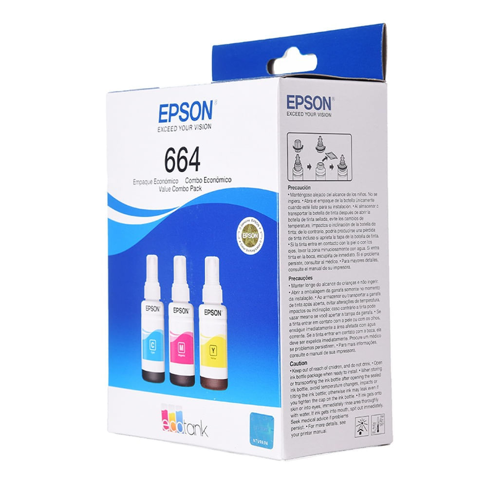 Imagen 2 del producto Combo: Pack de 3 botellas de tinta Epson T664 Cmy, hasta 6500 páginas a color + Papel fotográfico Office Paper brillante Canvas, A4, 10 hojas, 180g