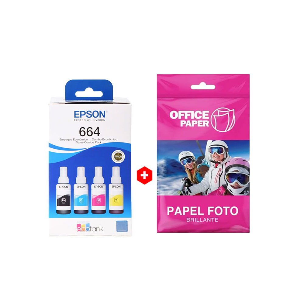 Combo: Pack de 4 botellas de tinta Epson T664 Bcmy, hasta 6500 a color + Papel fotográfico Office Paper brillante Canvas, A4, 10 hojas, 180g