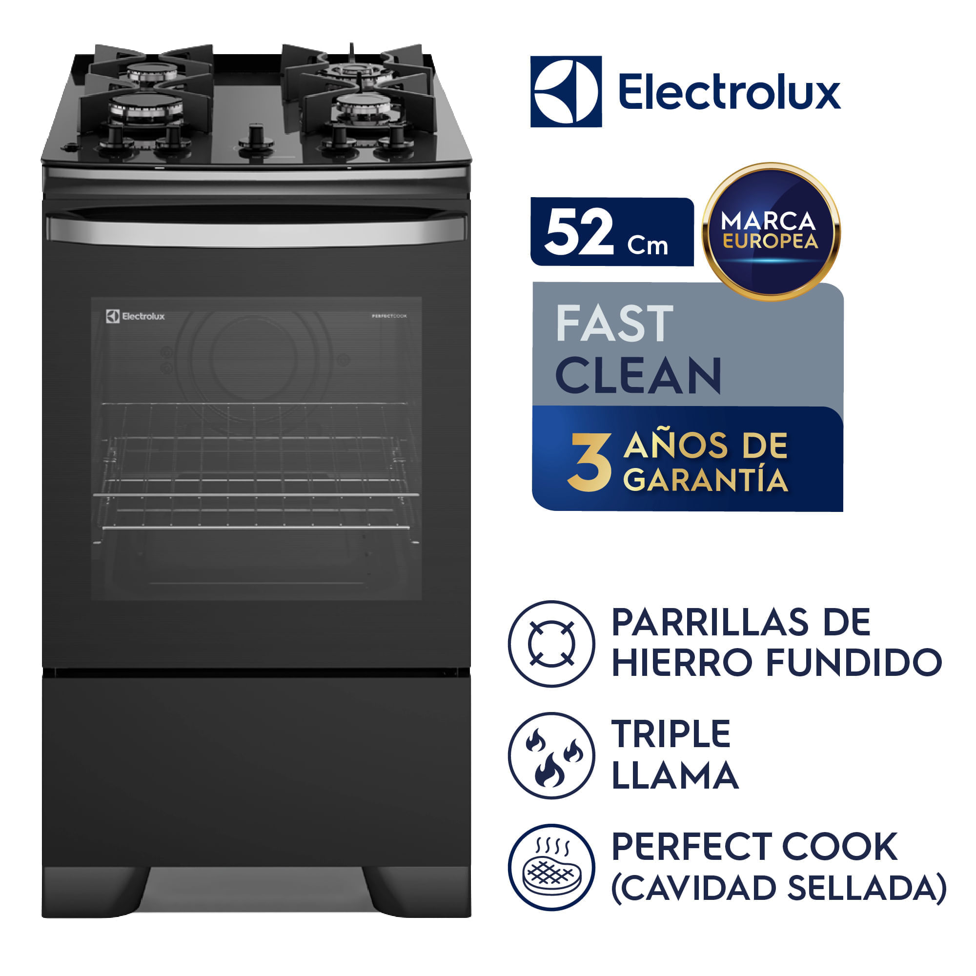 Imagen 2 del producto Cocina Electrolux 4 quemadores F4EGB, VaporBake, PerfectCook y parrillas de hierro fundido, negro