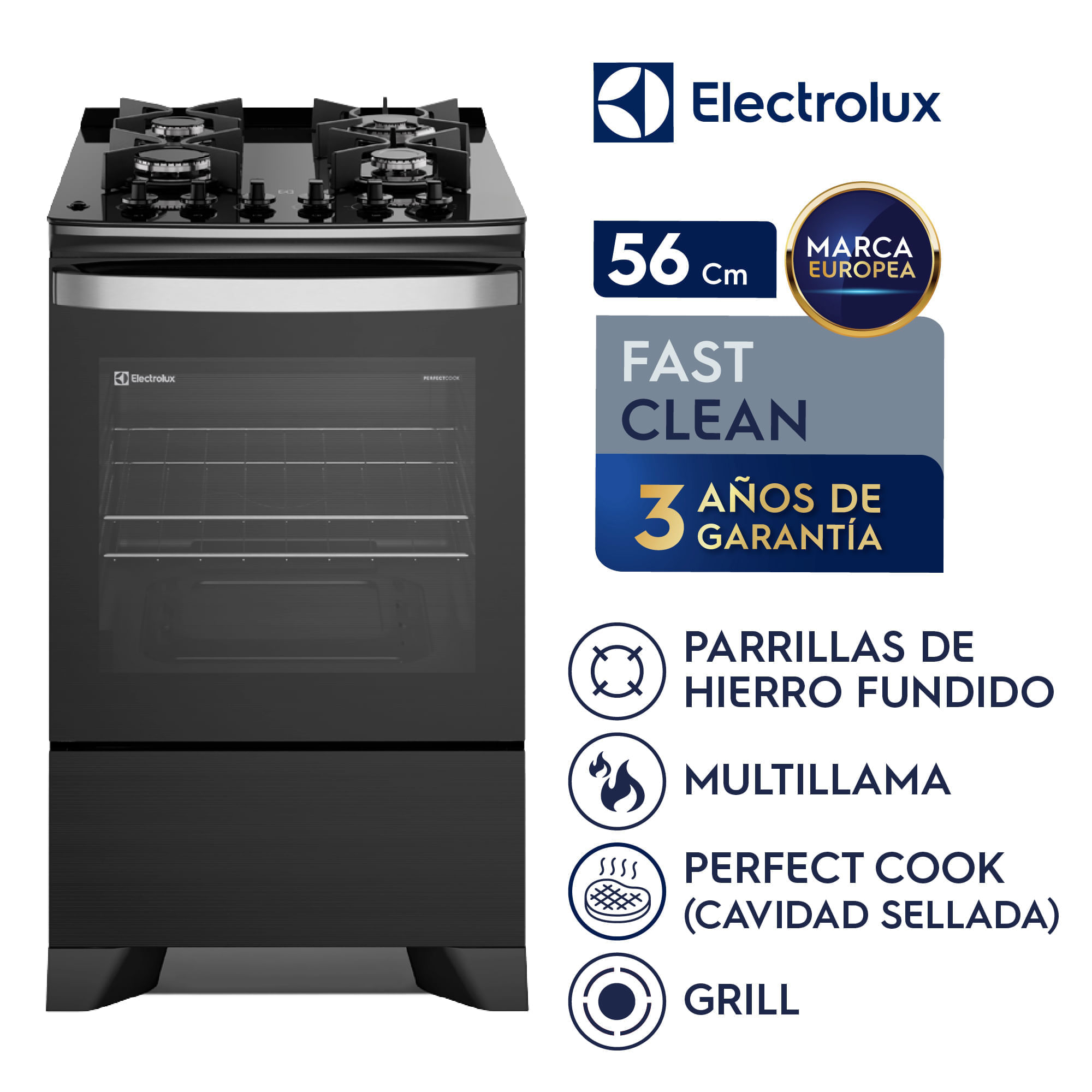Imagen 2 del producto Cocina Electrolux F4EPB Experience 4 quemadores PerfectCook, timer y parrillas hierro fundido, negro