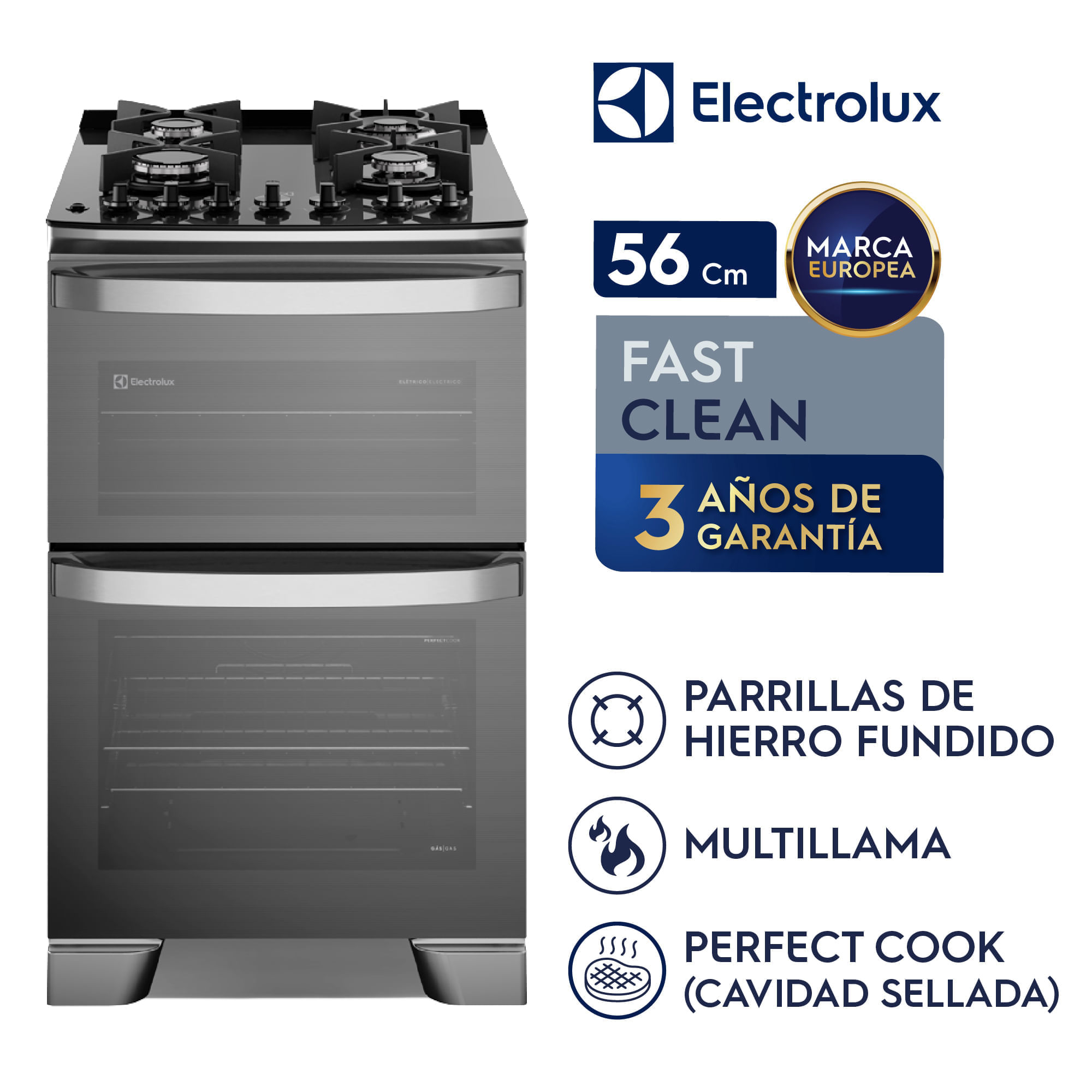 Imagen 2 del producto Cocina Electrolux F4EDG Experience 4 quemadores, doble horno, PerfectCook, VaporBake, parrillas hierro fundido, gris