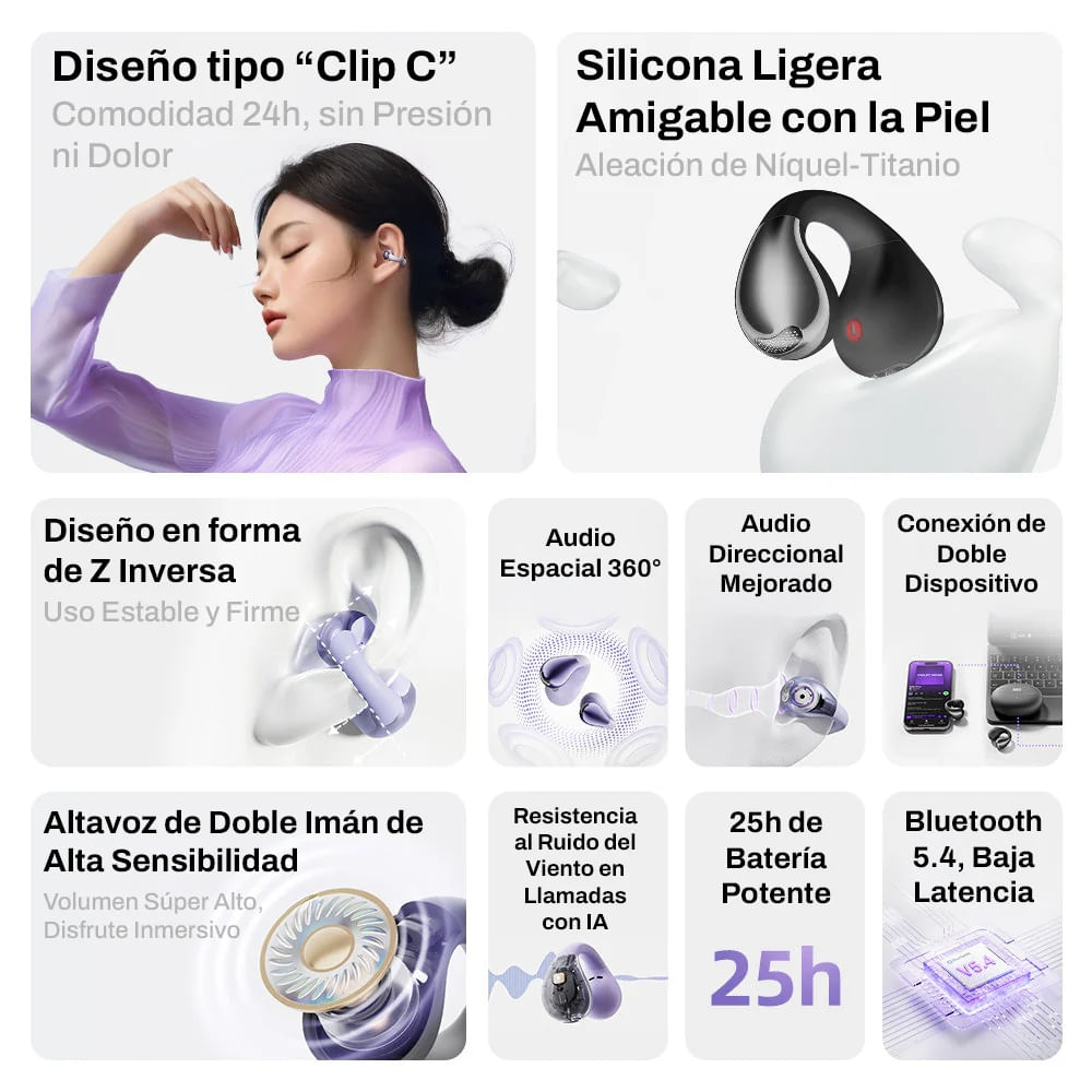 Imagen 2 del producto Audífonos Bluetooth True Wireless QCY Crossky C30, resistente al agua IPX4, duración máx. 25 horas con estuche de carga, morado