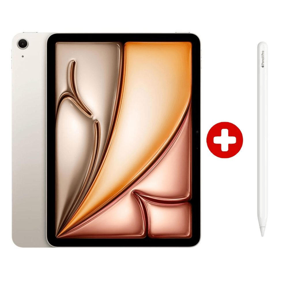 iPad Air M4 11" 128GB, 12GB RAM, cámara principal 12MP y frontal 12MP, batería larga duración, procesador M4, starlight + Pencil pro