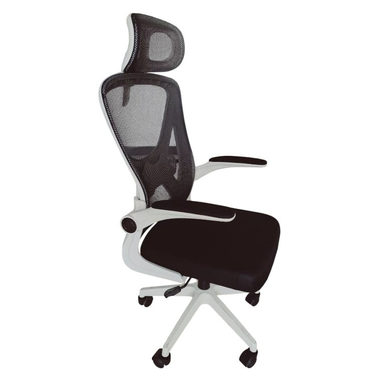 Silla de oficina con diseño clásico y cabecera, respaldo ergonómico, reposabrazos ajustables y malla resistente, negro y blanco