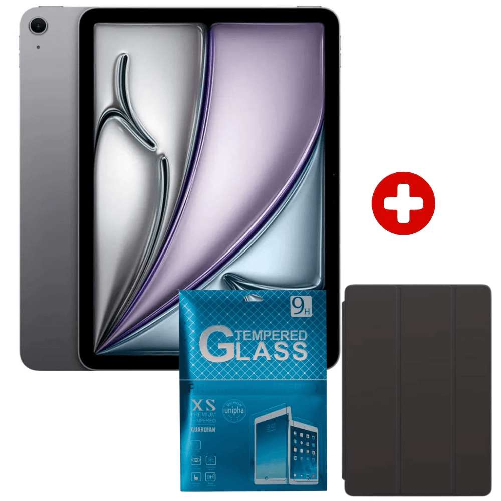 iPad Air M4 11" 128GB, 12GB RAM, cámara principal 12MP y frontal 12MP, batería larga duración, procesador M4, spacegray + Case y mica