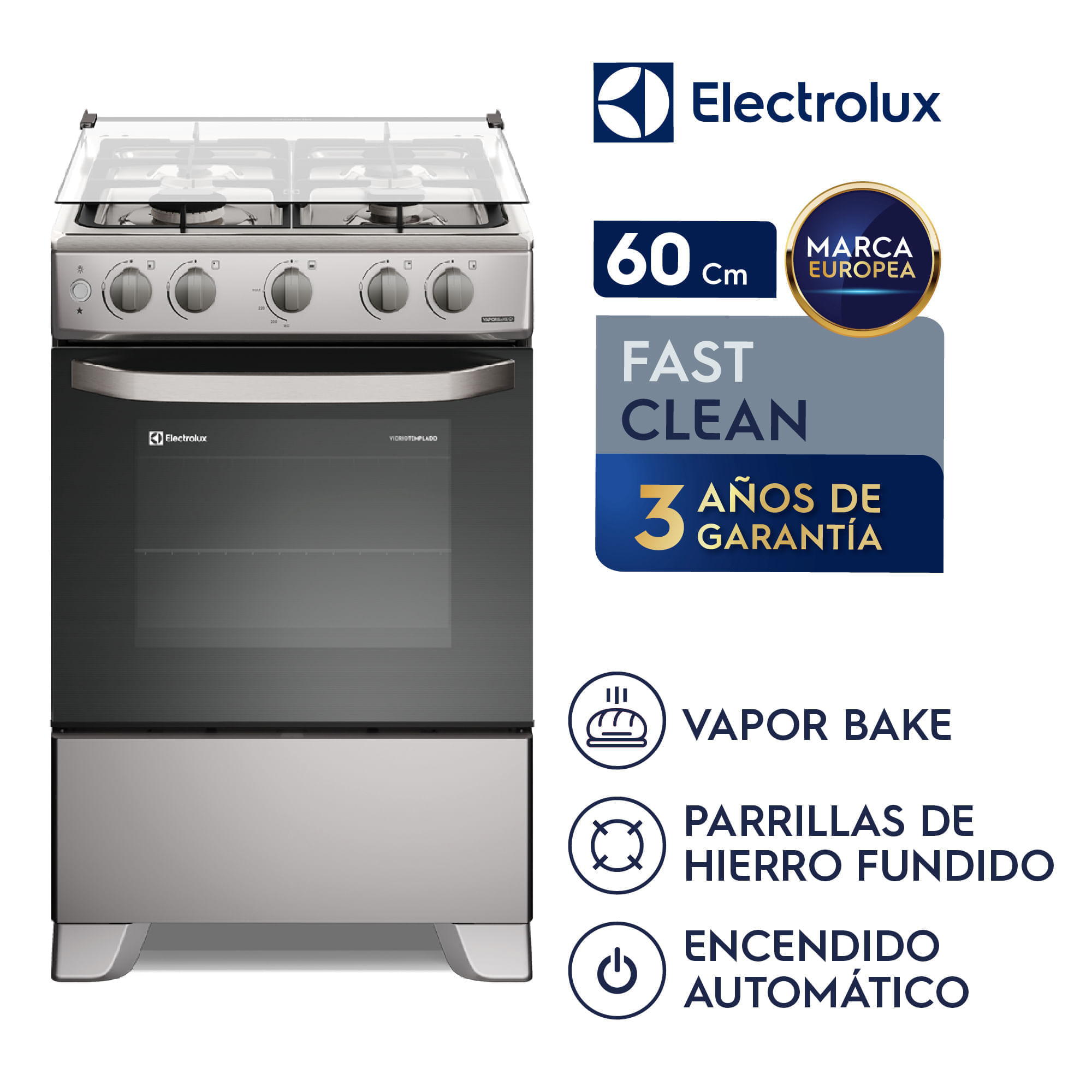 Imagen 2 del producto Cocina Electrolux 4 quemadores Efficient VaporBake, parrillas de hierro Fundido, acero inoxidable, silver