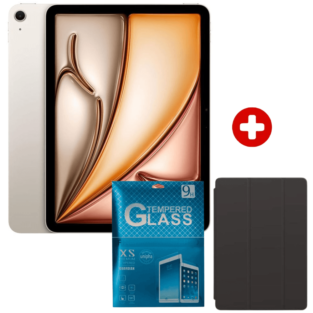 iPad Air M4 11" 128GB, 12GB RAM, cámara principal 12MP y frontal 12MP, batería larga duración, procesador M4, starlight + Case y mica