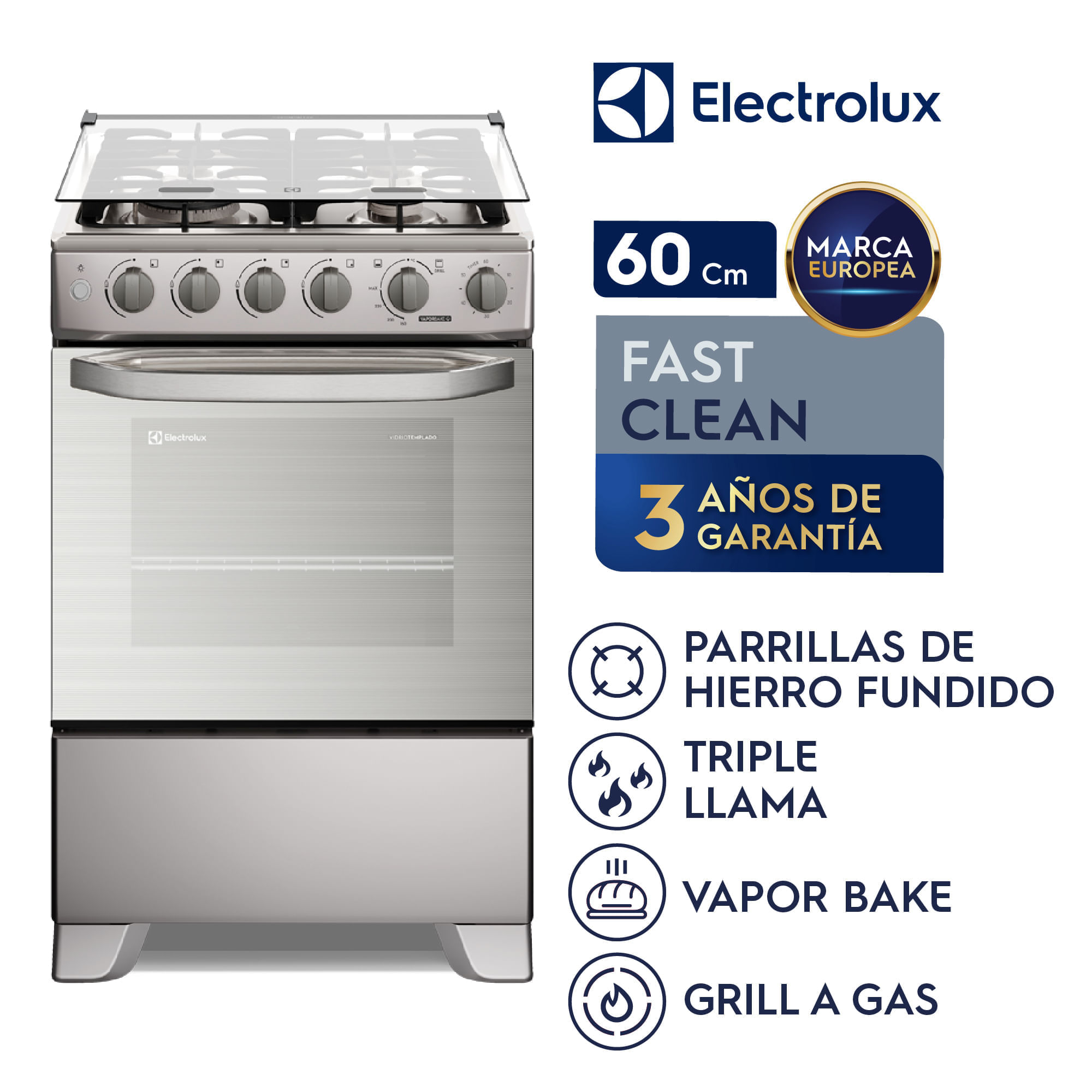 Imagen 2 del producto Cocina de pie Electrolux 4 quemadores Efficient VaporBake, triple llama, parrillas de hierro fundido, Inox, FE4TMR