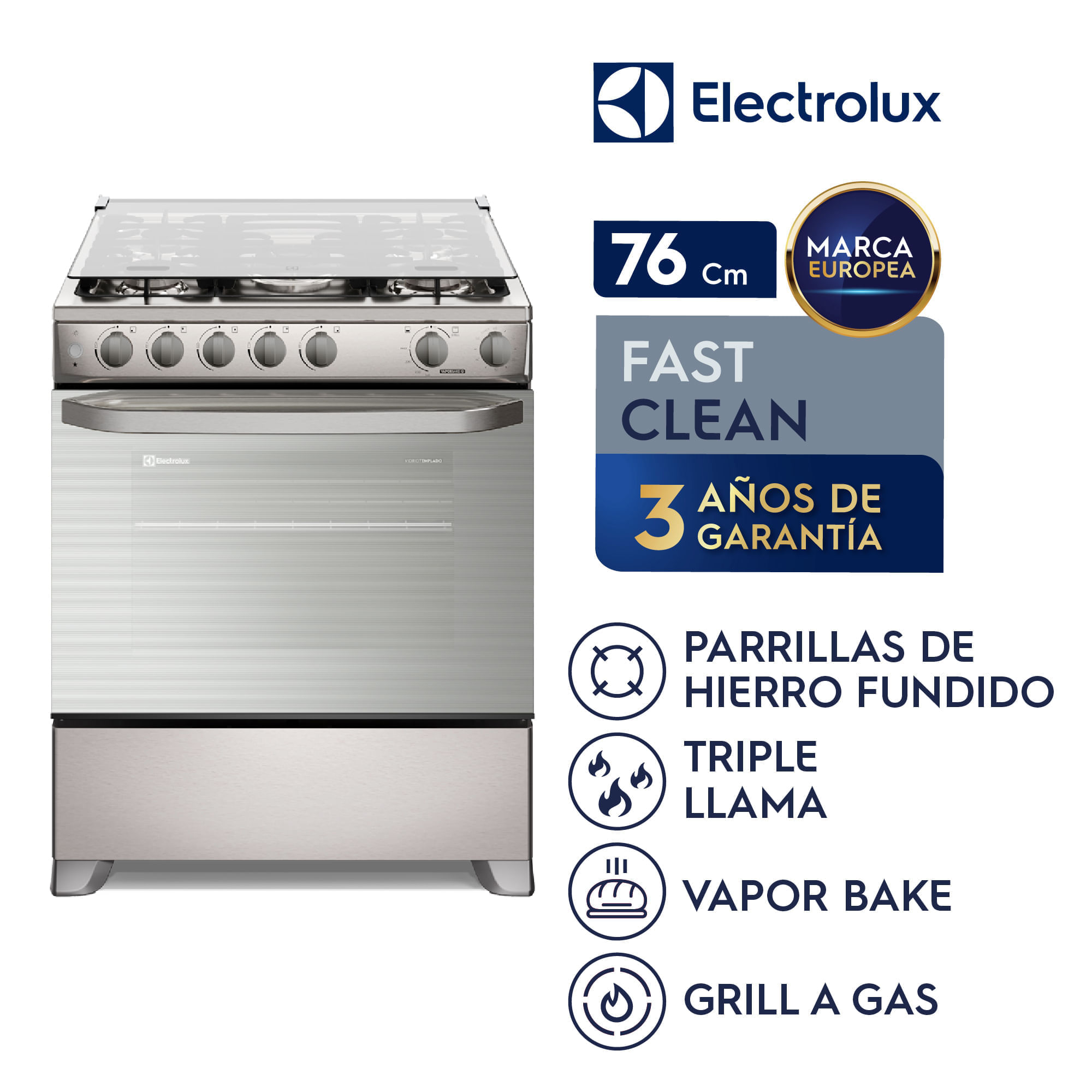 Imagen 2 del producto Cocina de pie Electrolux 5 quemadores Efficient VaporBake, triple llama, parrillas hierro fundido Inox FE5LMR