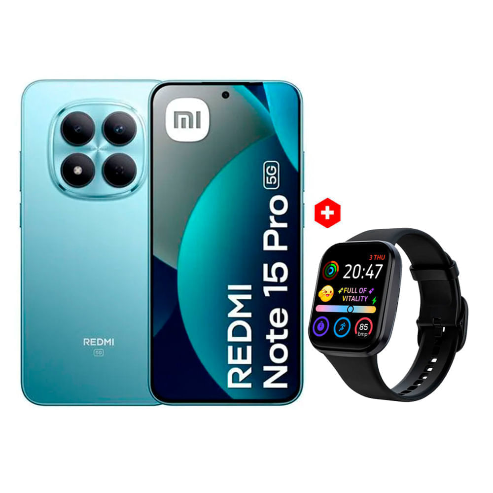 Celular Redmi Note 15 Pro 5G 512GB 8GB RAM, cámara 200MP y frontal 20MP, pantalla 6.8”, azul glaciar + Smartwatch Roadtrip S4 Lite 1.83”