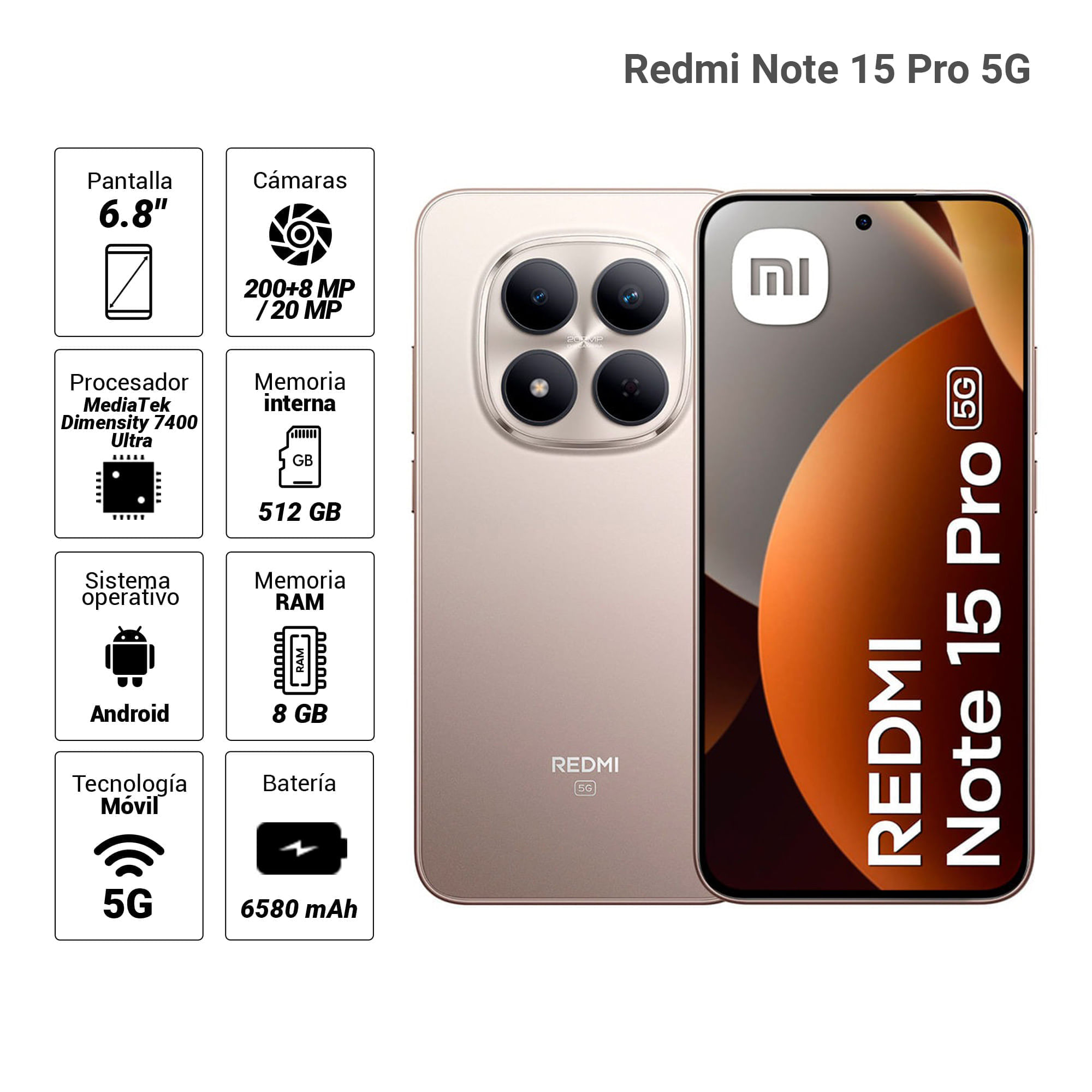 Imagen 2 del producto Celular Xiaomi Redmi Note 15 Pro 5G 512GB, 8GB RAM, cámara principal 200MP + 8MP, frontal 20MP, 6.8"", gris titanio