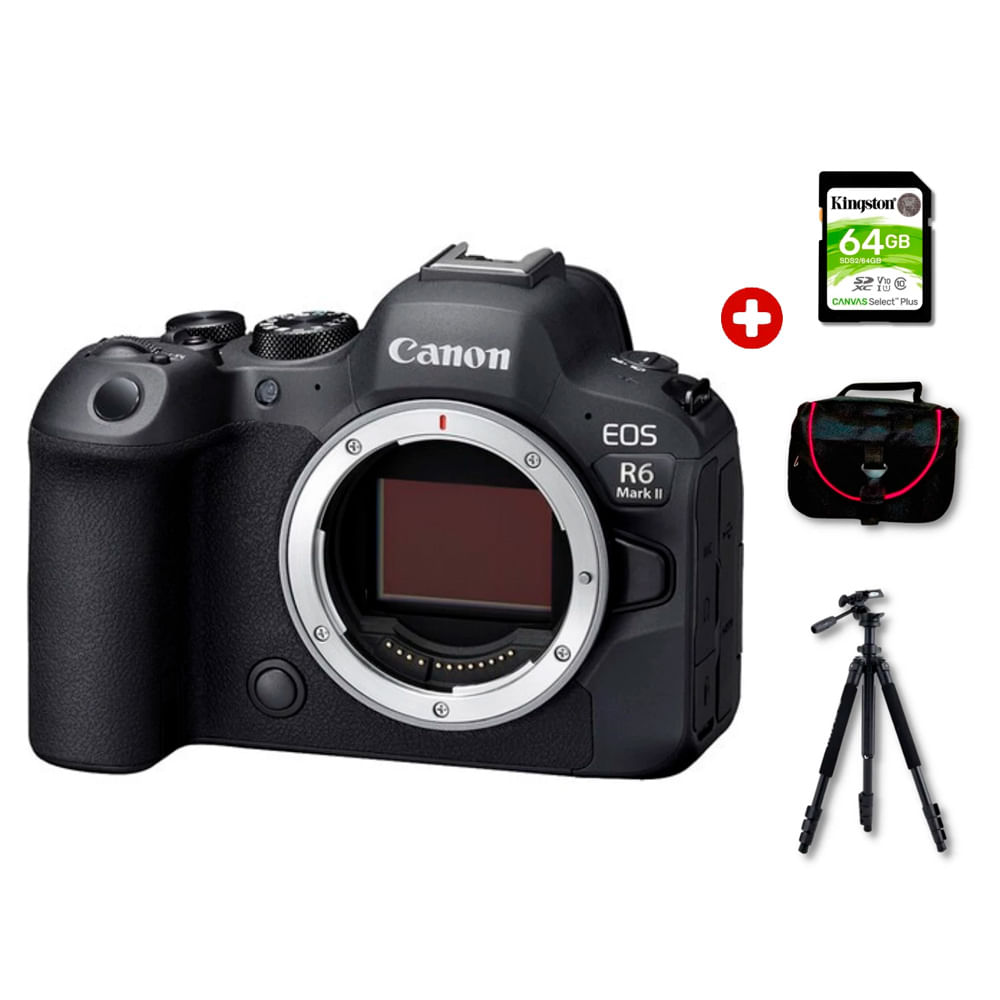 Imagen 1 del producto Cámara mirrorless Canon EOS R6 Mark II 24.2MP, sin lente, video 4K 60p, Dual Pixel, CMOS AF II, pantalla táctil, negro + Kit Deluxe