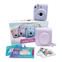 Combo: Cámara Fujifilm Instax Mini 12, lente 60mm, lila morado + Pack 10 + Estuche + ll cupón
