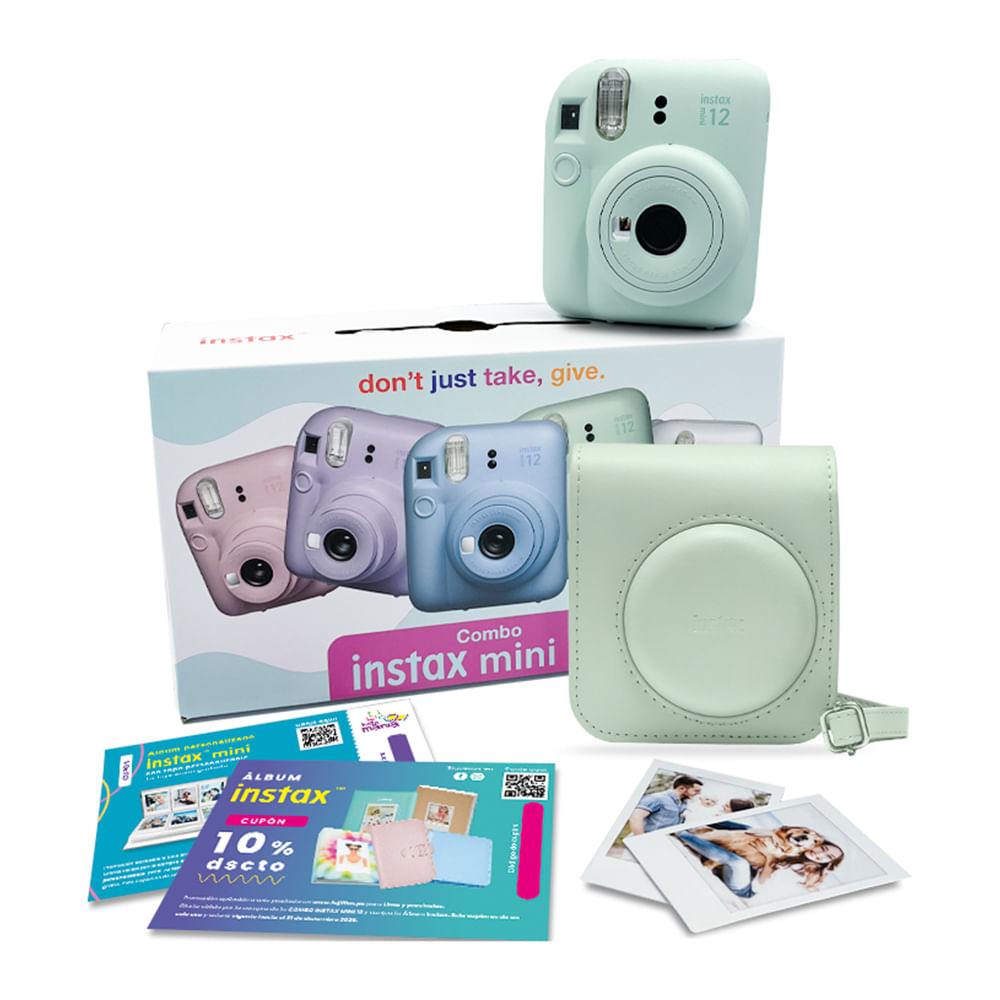 Combo: Cámara Fujifilm Instax Mini 12, lente 60mm, menta verde + Pack 10 + Estuche + ll cupón